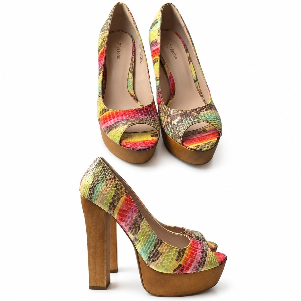 ZIGI SOHO Jaclyn Platform Heel Sz 7 Multi Snakeskin Embossed Wooden Chunky READ
